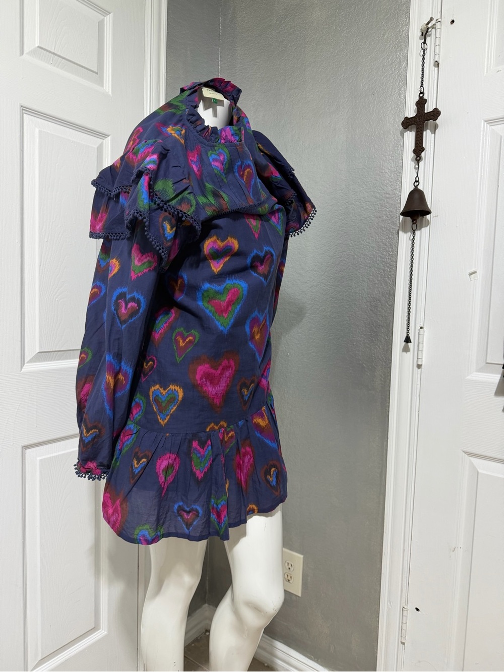 FARM Rio Navy Ruffle Tunic with Multicolor Heart Print